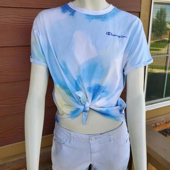 Champion Women's Tie-Front Print Tee Multi Wash Cloud Deep Forte Blue Medium - Picture 2 of 15